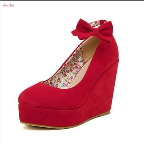 New classis Women High Heels Shoes Platform Wedges Female Pumps Elegant Flock Buckle Bowtie Ankle Strap Party Wedding Shoes