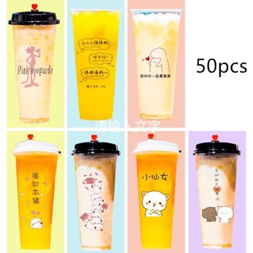 50pcs 90 caliber disposable milk tea cups 500ml 700ml creative cute birthday party favor drink plastic cups with red love lid