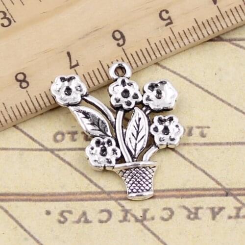 10pcs Charms Flower Pot 28x25mm Tibetan Silver Color Pendants Antique Jewelry Making DIY Handmade Craft
