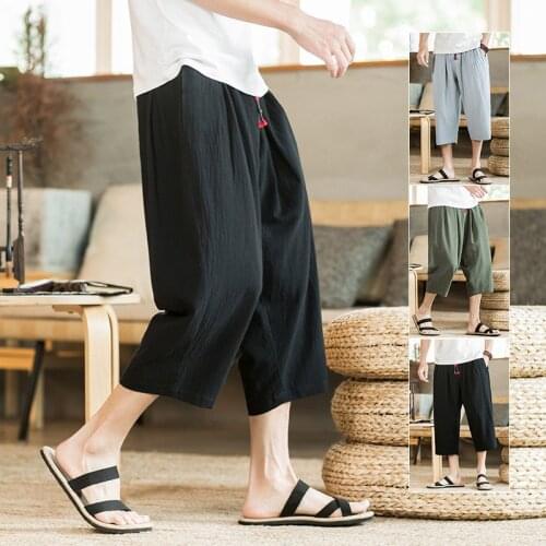 Men Summer New Japanese Style Linen Solid Color Wide Leg Comfortable Shorts Male Vintage Casual Trousers Loose Breathable Pants