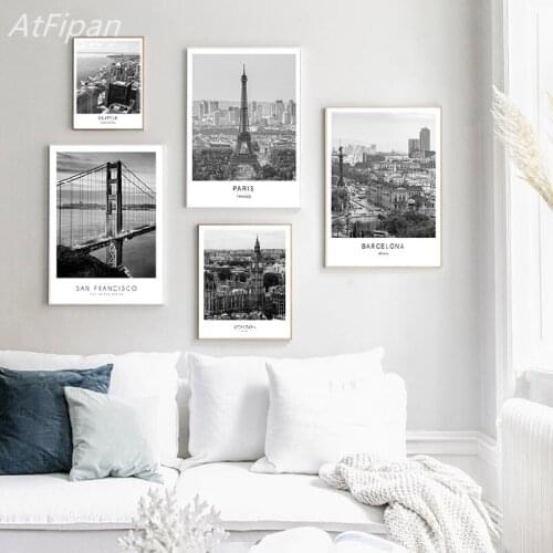 Nordic Style Black White Canvas Painting World City Landscape Poster Paris London New York Print Wall Art Picture for Home Decor
