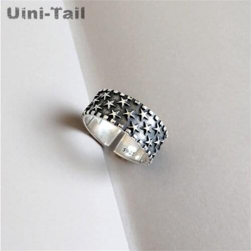 Uini-Tail hot new 925 sterling silver fashion personality five-pointed star opening ring hip hop retro starry Thai silver ring