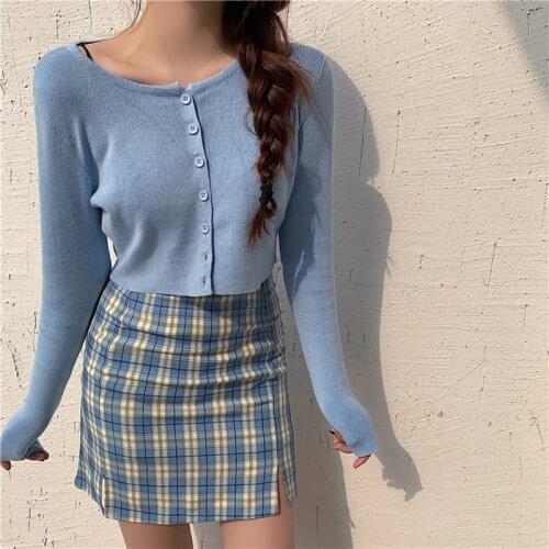 Spring Two Piece Set Women Knitted Cardigans Crop Tops and Plaid Mini Skirts Set 2 Piece Set Tracksuit 2 Piece Outfits for women