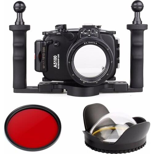 40m Waterproof Underwater Camera Housing Case Bag for Sony A5100 16-50mm + Two Hands Aluminium Tray + Fisheye Lens + Red Filter