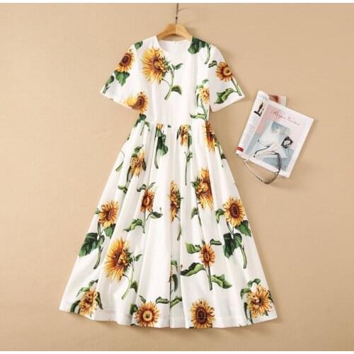 Europe and the United States womens clothing New Summer 2021 Short sleeved sunflower print Fashion white pleated dress