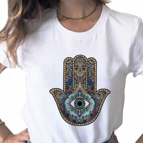 Vintage Hamse upward Hand blue Eyes print ladies Tops T-shirt casual basics O-collar white shirt short sleeve ladies Tshirt