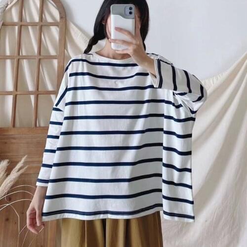 Johnature New Casual Striped Women T-Shirts 2021 Summer All Match Loose O-neck Vintage Cotton Female Tops