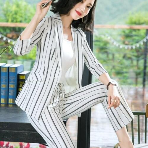 Womens suit 2019autumn and winter new striped professional wear fashion suit jacket casual slim trousers womens two-piece suit