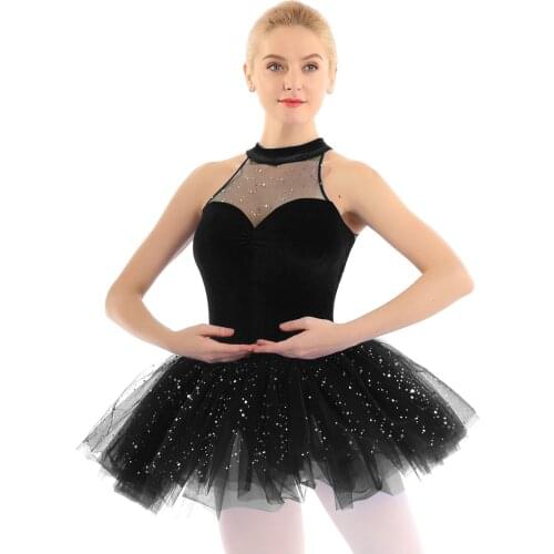 Women Ballet Dress Adult Shiny Sequins Sleeveless Velvet Gymnastics Leotard Diamond Dance Leotard Tutu Dress for Girl Ballerina