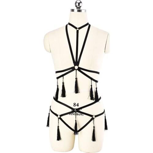 Women Sexy Black Tassel Harness Bodysuit Harajuku Tassel Pendant Bondage Harness Tops Cage Bralette + G-string Thongs Panties