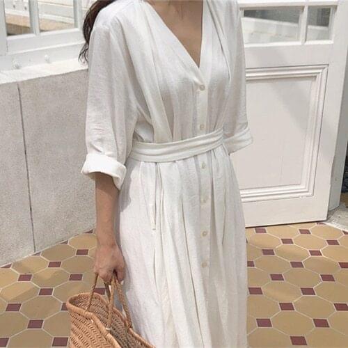 2021 Women Spring Summer Vintage Elegant Lace Up A-Line Dress Ladies Fold Pleated Big Hem Bottoms V-Neck Wrist Solid Long Dress