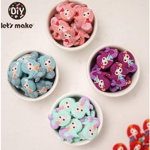 Lets Make 10pcs Silicone Teether Beads Cartoon Mermaid Shape DIY Necklace Bracelet Silicone Beads Making Chewable Gift BPA Free
