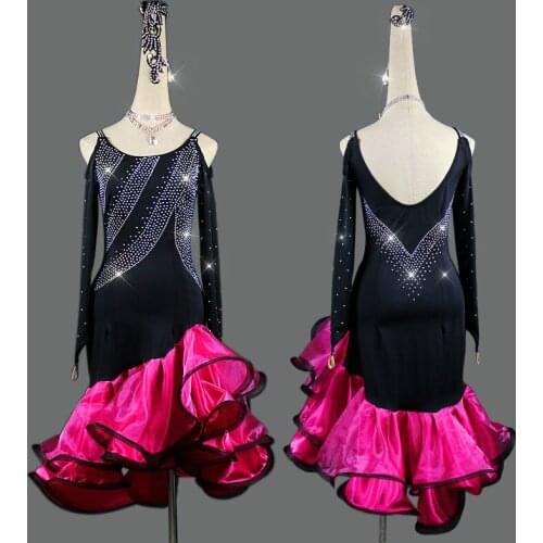 Shiny Rhinestone Latin Dance Costume Long Sleeve Sexy Backless Braces Latin Dance Dress Women Latin Dance Competition Dresses
