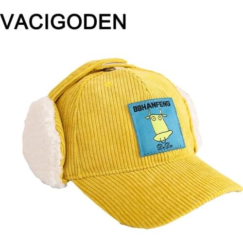 VACIGODEN Children Winter Corduroy Baseball Hat with Earflaps Boys Thicken Ear Protection Cap Girls Cute Patch Keep Warm Gorras