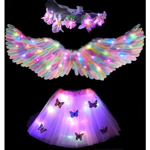 LED Glowing Light Angel Wings for Kids Adult Halo Headband Flower Wreath White Feather Fairy Angel Costumes Party Fancy Cosplay
