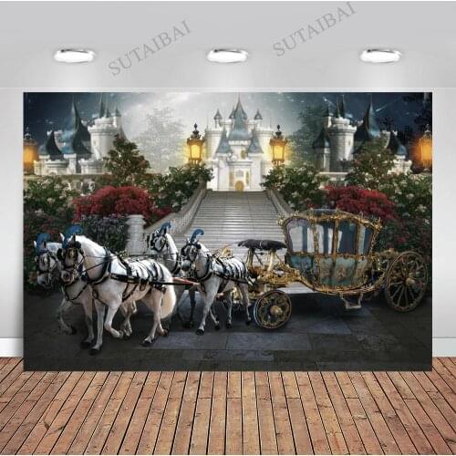 Princess Carriage Blue Castle Baby Shower Backdrops High Quality Computer Print Birthday Photo Background Photography