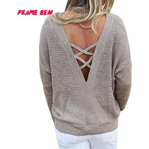 FRAME BEN Woman Sweater Spring Autumn 2019 Fashion Loose Long Sleeve Hollow Sweater Lace Up V Neck Backless Pullovers