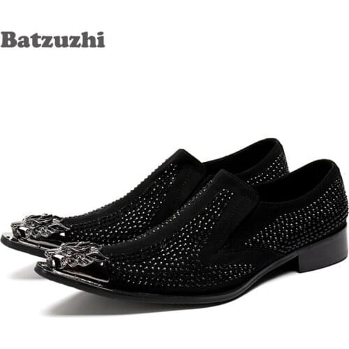Batzuzhi Brand New Men Wedding Shoes Black Men Leather Dress Shoes Sliver Metal Tip Slip On Men Oxfords Size 38-46 US5- US12