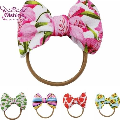 Nishine 14*11 CM Cute Cartoon Pattern Bowknot Baby Elastic Hairband Fashion Print Bows Nylon Headband Kids Headwear Holiday Gift