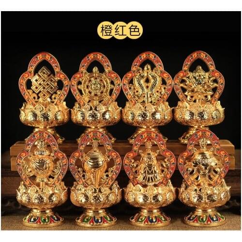 Wholesale Buddhist supplies # efficacious Protection Tibet Nepal Gold-plated Eight Auspicious Symbols of Buddhism brass statue