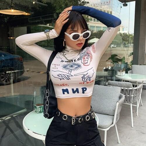 Autumn Fashion High Street Casual Tight Stretchy Fit Short Shirts FunnyPrint Full Sleeve Stretchy Woman tshirts Women SexyTops