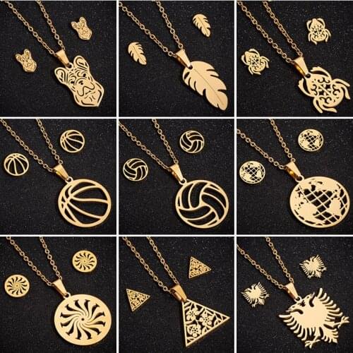 Albanian Eagle Leaf Feather Globe Ball Stainless Steel Necklace Earrings Sets For Women Girls New Year Christmas Valentine Gift