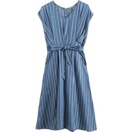 Striped Long Jeans Dress Women V Neck Sleeveless Summer Long Denim Dress Casual Cotton Slim Waist Dress Vestidos Mujer