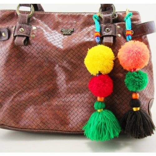 Handmade Bohemian key pom charm bag hanger Pom Pom trim of Thai Indian hmong hippie bag handbag accessories charm sp-002