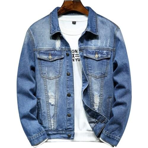 Casual Mens Classic Distressed Blue Denim Jacket Ripped Hole Fashion Slim Fit Coat Autumn Outwear Drop Shipping