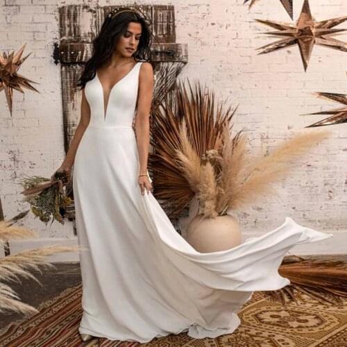 Simple Design V Neck Wedding Dress Low Back A Line Soft Satin Floor Length Bridal Gowns Bohemian Beach Boho 2021
