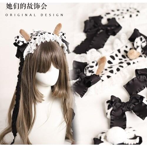 Cow Pattern Kawaii Lolita Headdress KC Hair band Autumn winter Women Headband Lace Plush Hair Hoop Hairpin Hair Accessories