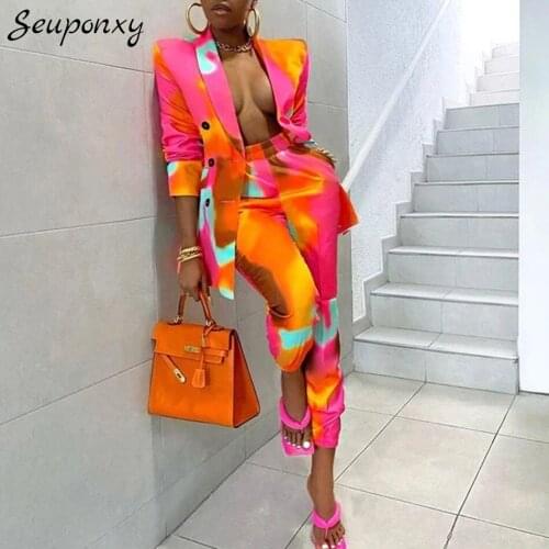 High Quality WomenS Printed Tie-Dye 2 Two-Piece Set 2021 Sexy V-Neck Long-Sleeved Suit Jacket + High Waist Pants Casual Set
