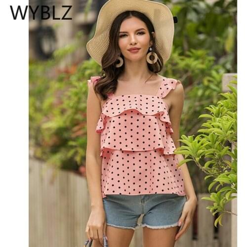 WYBLZ Elegant Polka Dot Print Women Tank Tops Summer Ruffled Boho Backless Casual Female Tops High Street Ladies Party Tops 2021