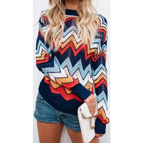 2018 Women Autumn Winter O-Neck Striped Hollow Crochet Knitted Jumper Thin Sweater Pullover Tops