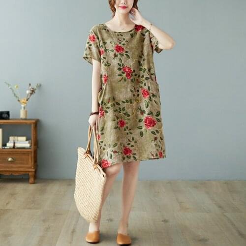 Women Cotton Linen Casual Dress New 2021 Summer Vintage Style Floral Print Loose Comfortable Female Knee-length Dresses B591