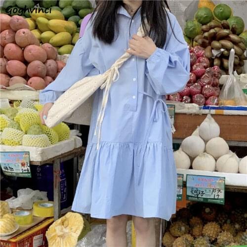Women Long Sleeve Dress Solid Simple Knee-length Fresh Summer Sun-proof Loose Button Turn-down Collar Young School Girls Popular