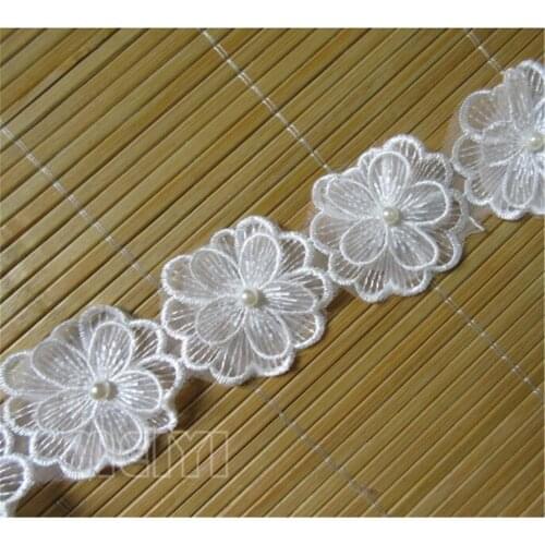 10pcs Pearl Flower Embroidered Lace Trim Ribbon Applique DIY Sewing Craft Crochet Vintage Wedding Bridal Dress Clothes