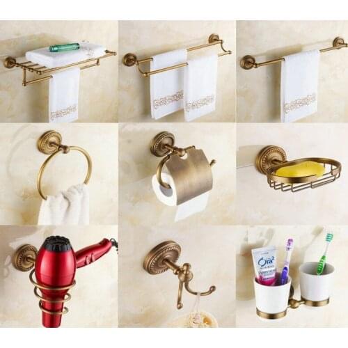 Antique Brass Wall Mounted Bathroom Hardware Set Toilet Paper holder/ Robe Hook/ Towel Bar/ Towel Rings ZJ003
