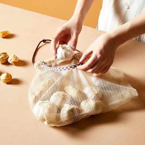 Beige Kitchen Fruits Vegetables Hanging Bag Cotton Mesh Ecology Market String Net Shopping Tote Bag Reusable Grocery Produce Bag