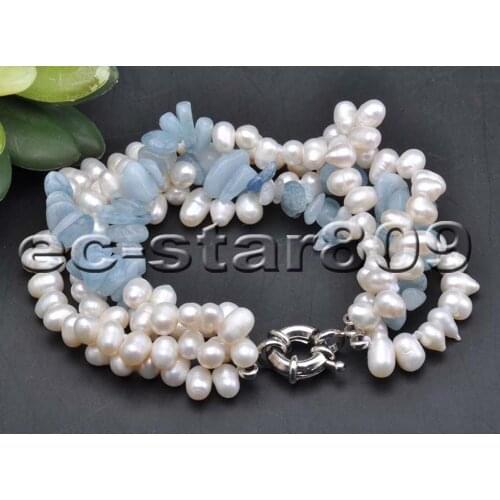 P5941 4Row 8" 7mm White Rice Freshwater Pearl Aquamarine Crushed Stone Bracelet Women Fashion Jewelry