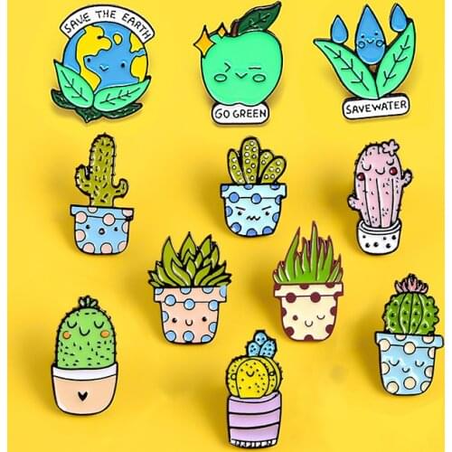 Go green Save earth and water Potted Plant Enamel Pins Custom Cactus Aloe Brooches Lapel Badge Natural Jewelry Gift Friends