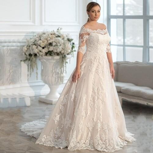 Elegant Off Shoulder Plus Size Wedding Dresses For Women A-Line Half Sleeve Applique Lace Bride Dress Vintage Tulle Wedding Gown