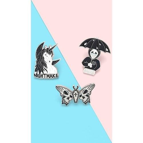 Nightmare Enamel Pin Custom Horse Umbrella Skeleton Butterfly Brooch Bag Clothes Lapel Pin Gothic Badge Jewelry Gift for Friends