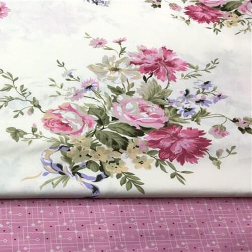 160cm Width Romantic Pink Big Rose Flowers & Pink Abstract Check Printed Cotton Fabri For DIY Sewing Quliting Decoration