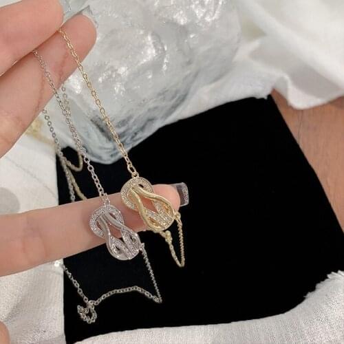 Korean Fashion Luxury Exquisite Shining Zircon Inlaid Knot Pendant Necklace for Women Real Gold Plated Chain Clavicle Necklace