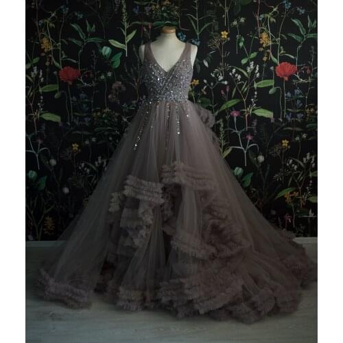 Brown Beaded Ball Gown Prom Dresses 2021 Double V Neck Sleeveless Formal Evening Party Dress vestidos de gala