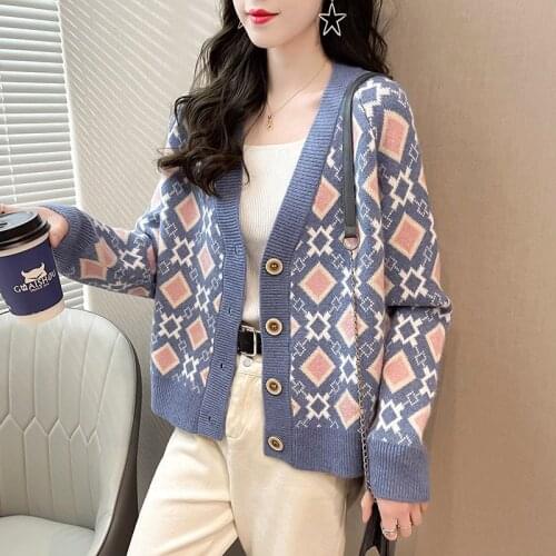Fashionable Buttons Oversize Short Cardigans Knitwear Sweater Women Korean Geometric Loose Knitted Cardigan Coat Vintage Femme