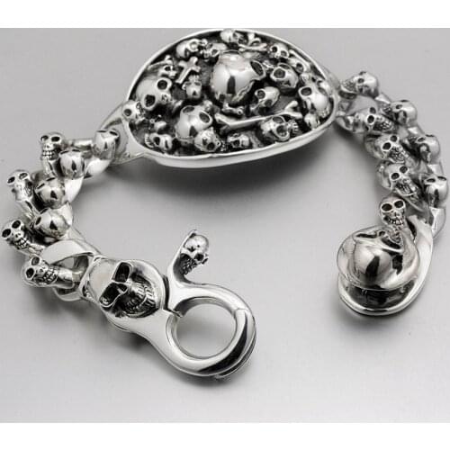 LINSION Huge Heavy 925 Sterling Silver Skull Bracelet Mens Biker Rocker Punk Style 8F011