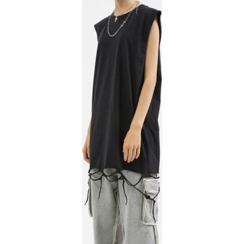 Hip Hop Ripped Hem Muscle Tank Tops Solid Color Sleeveless Cotton Tee Streetwear