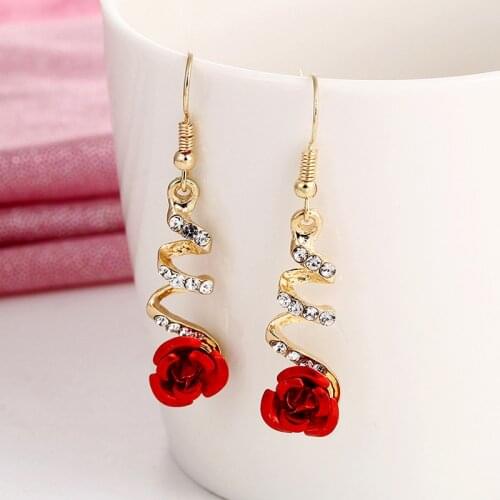 Fashion Classic Red Rose Drop Earrings for Women Rhinestone Resin Spiral Long Dangle Earrings Jewelry Gift for Mothers Day